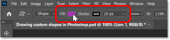 Editing the custom shape's fill and stroke in Photoshop's Options Bar