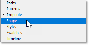 Opening the Shapes panel from the Window menu in Photoshop