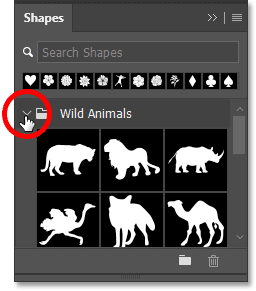 Opening a custom shape group in Photoshop's Shapes panel.