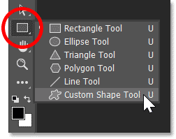 Selecting the Custom Shape Tool from Photoshop's toolbar