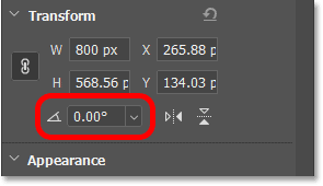 The rotation value for the custom shape in the Properties panel.