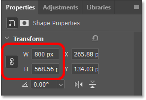 Changing the custom shape's width and height in Photoshop's Properties panel