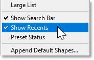 The Show Recents option in the Shapes panel