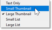 Choosing the Small Thumbnail view option in Photoshop's Shapes panel