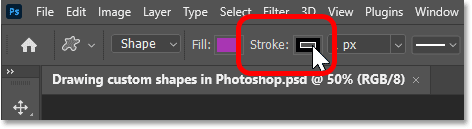 Clicking the Stroke color swatch for the Custom Shape Tool in Photoshop's Options Bar