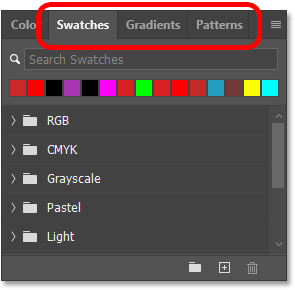 The Swatches, Gradients and Patterns panels.