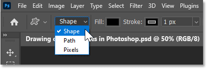 Setting the Tool Mode for the Custom Shape Tool to Shape in Photoshop's Options Bar