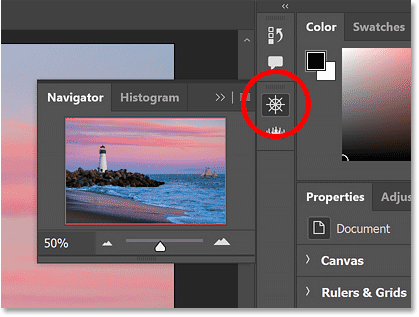 The Navigator panel opens in the secondary panel column in Photoshop.