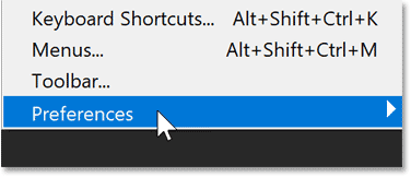 Choosing Preferences under the Edit menu in Photoshop