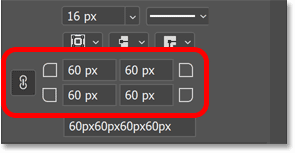 The corner radius values for the shape in Photoshop's Properties panel