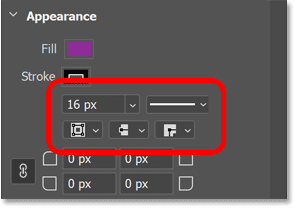 The stroke size, line type, alignment, cap type and corner type properties for the shape in Photoshop's Properties panel