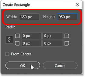 Entering an exact width and height for the shape in the Create Rectangle dialog box in Photoshop