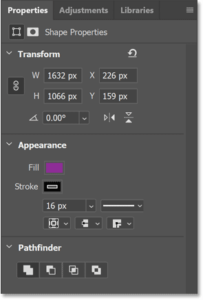 The Live Shape properties for the Ellipse Tool in Photoshop's Properties panel