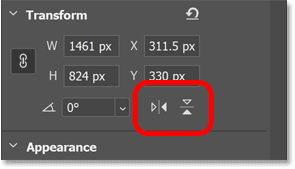 The Flip Horizontal and Flip Vertical options for the shape in the Transform section of Photoshop's Properties panel