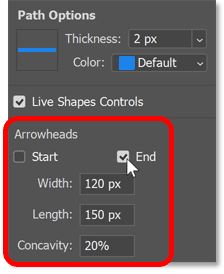 The Arrowhead options for the Line Tool in Photoshop