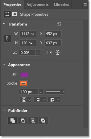 The Live Shape properties for the Line Tool in Photoshop's Properties panel