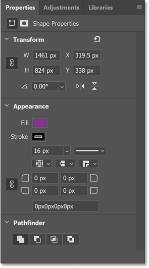 The Properties panel in Photoshop showing the live shape properties