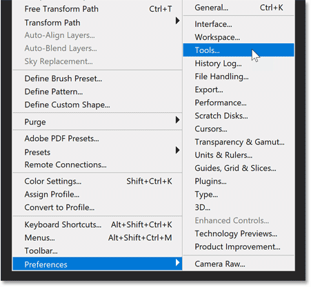 Opening the Tools preferences in Photoshop