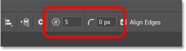 The number of sides and corner radius options for the Polygon Tool in Photoshop's Options Bar