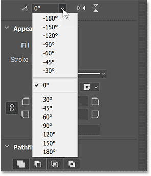 The angle presets for the shape in Photoshop's Properties panel