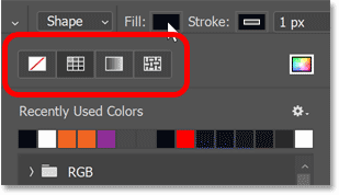 The No Fill, Solid Color, Gradient and Pattern fill options for shapes in Photoshop