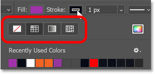 The No Fill, Solid Color, Gradient and Pattern stroke options for shapes in Photoshop