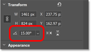 The Angle option for the shape in the Transform section of Photoshop's Properties panel