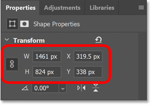 The width, height, x and y options for the shape in the Transform section of Photoshop's Properties panel