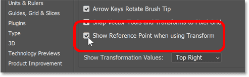 Turning on the Show Reference Point when using Transform option in Photoshop's Preferences