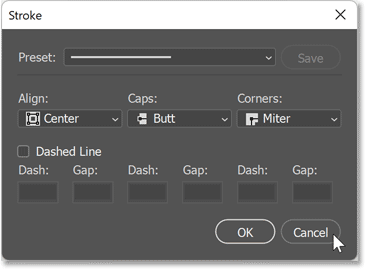 The Stroke Options dialog box for the shape in Photoshop