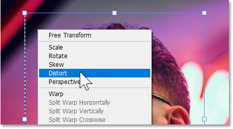 Choosing the Distort option from the Transform Selection menu.