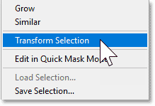 Where to find the Transform Selection command in Photoshop.