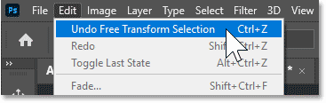 Choosing the Undo Free Transform Selection command in Photoshop.