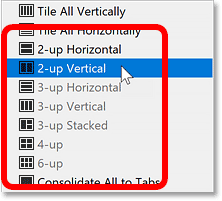 Choosing 2-up Vertical from Photoshop's multi-document layout options.