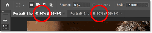 The document tabs showing both images opened in Photoshop at the 50 percent zoom level.