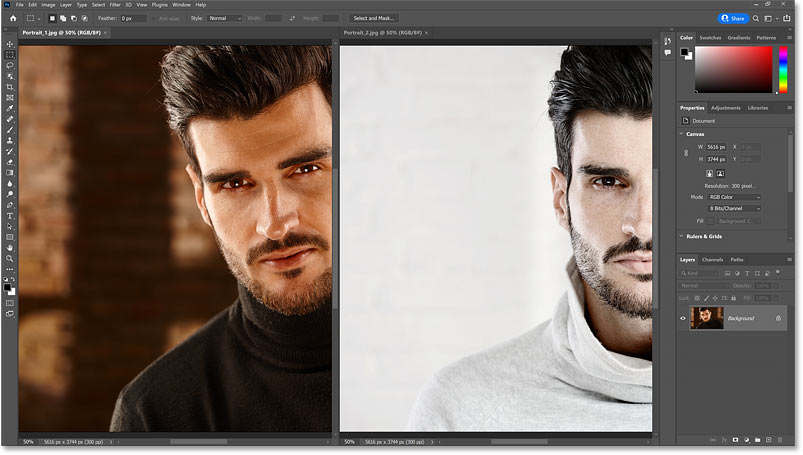 Both images open in Photoshop are now visible side-by-side using the 2-up Vertical layout.