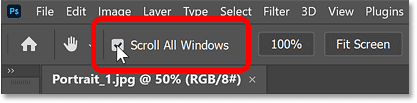 The Scroll All Windows option for the Hand Tool in Photoshop