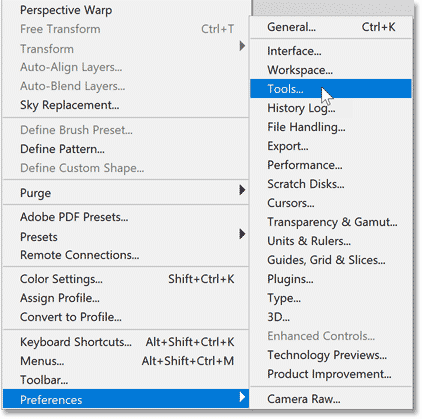 Opening the Tools preferences in Photoshop.