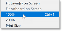 Choosing the 100 percent command from Photoshop's View menu.