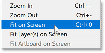 Choosing the Fit on Screen command from the View menu in Photoshop.