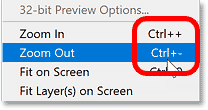 The keyboard shortcuts for Photoshop's Zoom In and Zoom Out commands.