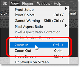 Photoshop's Zoom In and Zoom Out commands under the View menu.