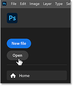 The New File and Open buttons on the Photoshop Home Screen.