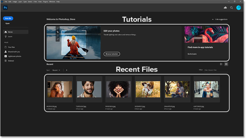 The Photoshop Home Screen showing the Tutorials area and Recent Files thumbnails.