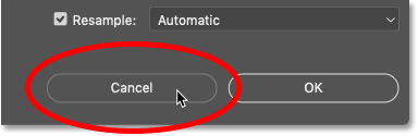 النقر فوق الزر Cancel في شاشة Image Size في Photoshop.