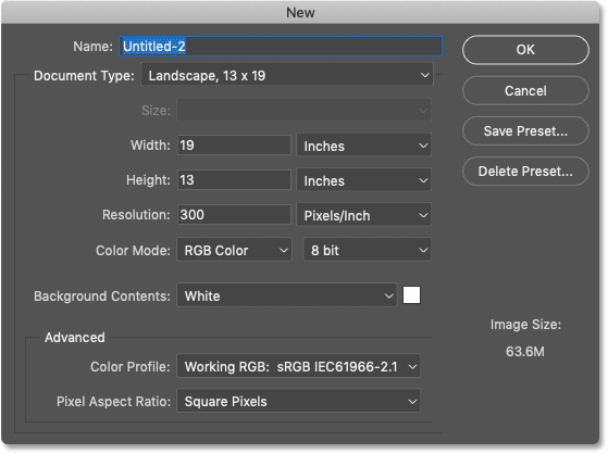 The legacy New Document dialog box in Photoshop CC