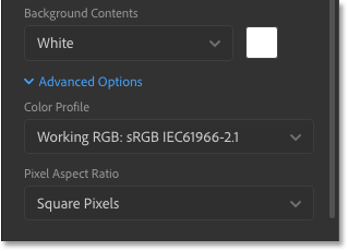 The Advanced Options in Photoshop's New Document dialog box