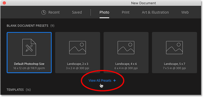 Clicking the View All Presets option in Photoshop's New Document dialog box.