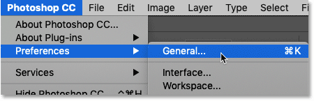 Opening the General Preferences in Photoshop.