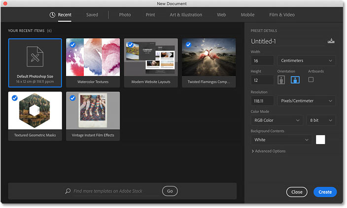 مربع الحوار New Document المعاد تصميمه في Photoshop CC.